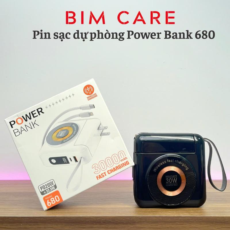 (Sẵn 2 dây sạc) Pin sạc dự phòng, củ sạc nhanh 30000 mAh, 2 cổng sạc nhanh cắm dây, sạc magsafe, hiển thị phần trăm pin, nhỏ gọn - BIMCARE 680