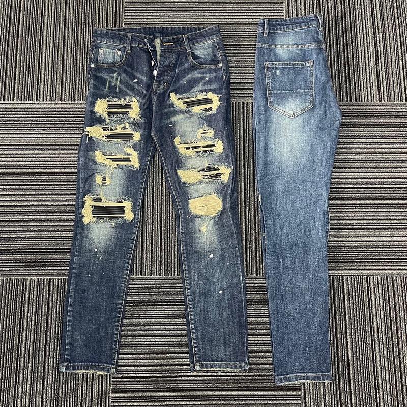 Quần jean vá da đen cứng xù gối vẩy sơn Menswear Nam