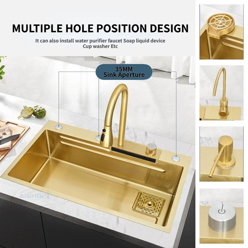 Product Introduction of [SG Seller]SUS 304 Stainless Steel Pullout Faucet Tap Gold Waterfall Kitchen Sink  Single Basin Bowl Tank Tap 2