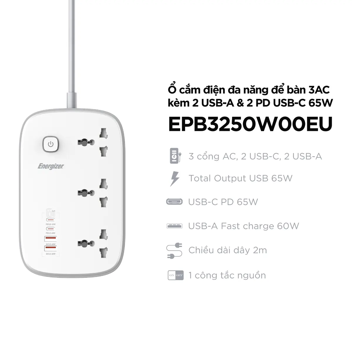 Ổ điện đa năng 3AC kèm 2USB-A và 2USB-C sạc nhanh PD (max 65W) - Hàng chính hãng, bảo hành 1 năm