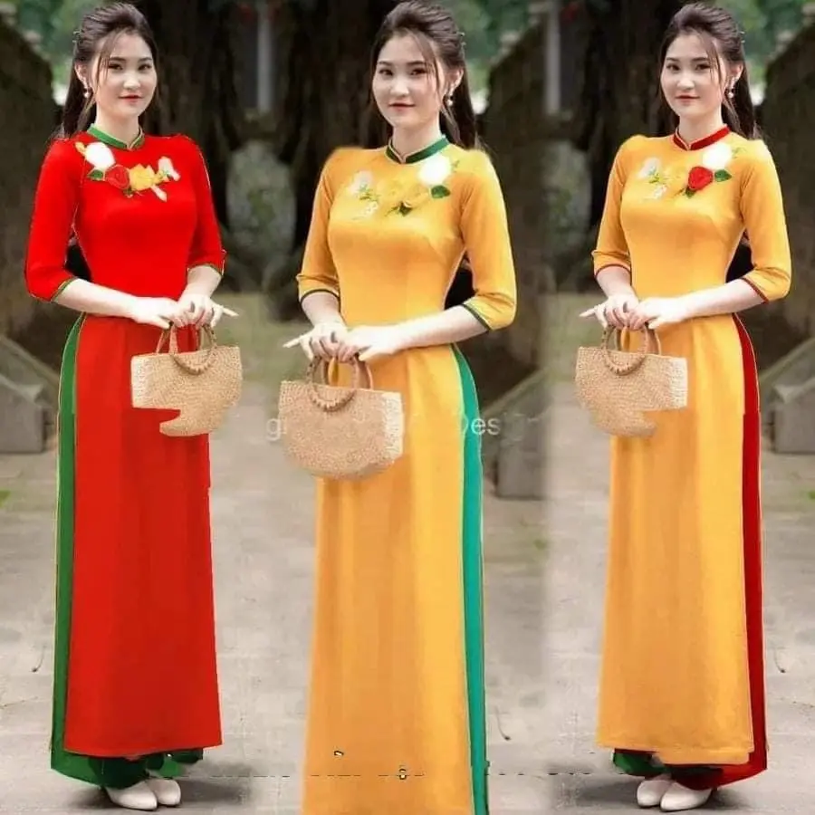 Áo dài đẹp thêu hoa lụa mỹ cao cấp cổ trụ tay lỡ chọn size theo số đo_Áo dài Lan Anh  Women