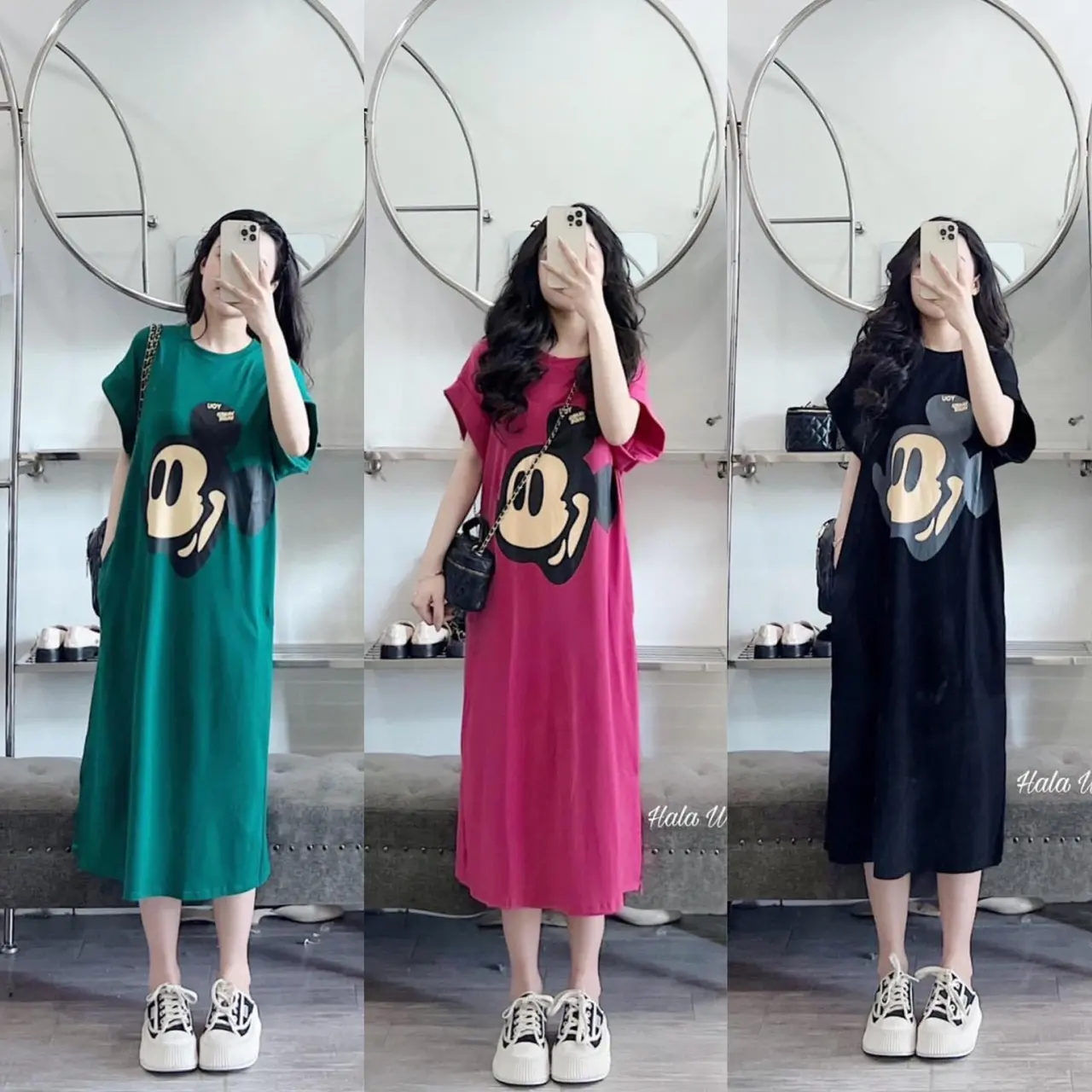 Đầm suông dáng dài tay hến in hình micky you chất cotton form rộng ba màu