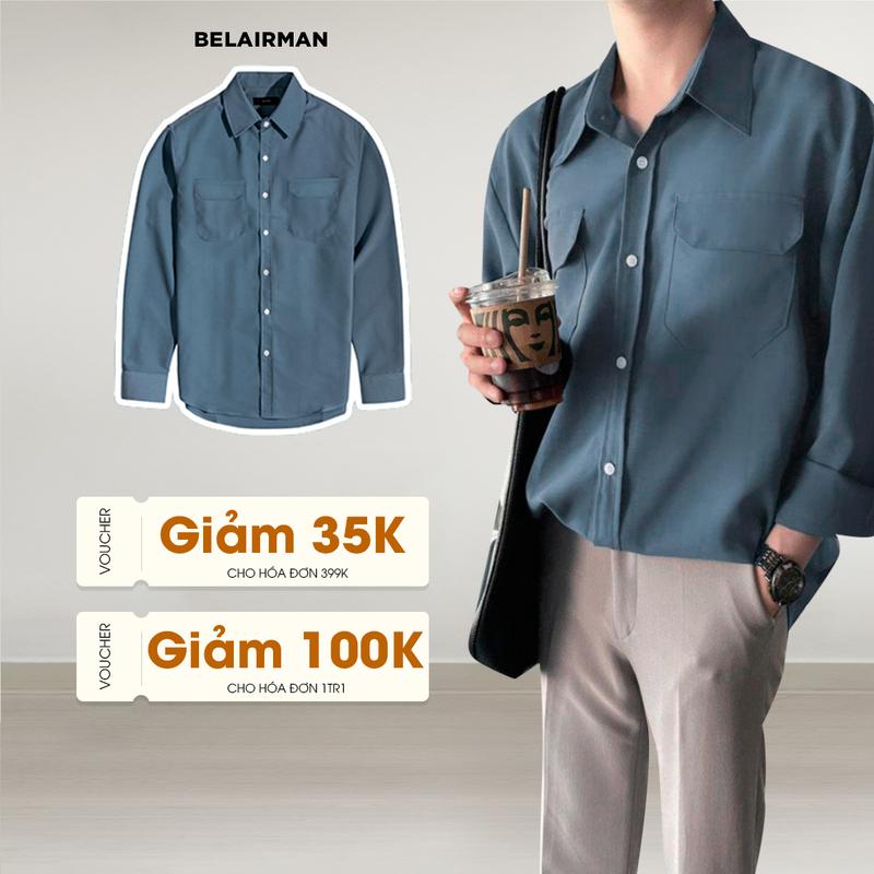  Áo sơ mi nam 2 túi BELAIRMAN tay dài công sở form Hàn Quốc vải lụa không nhăn thấm hút mồ hôi tốt Cổ Tròn Menswear Xanh 