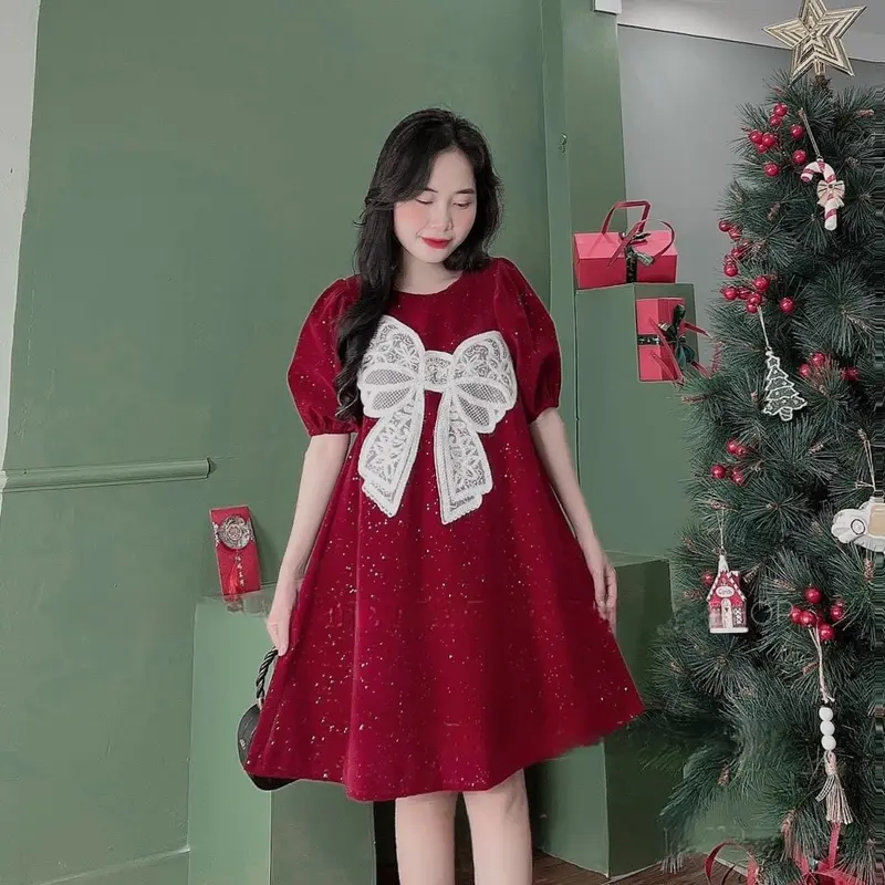 Váy đầm dáng xòe babydoll chất nhung kim tuyến phối bản nơ to cực xinh xắn váy  tiệc 3