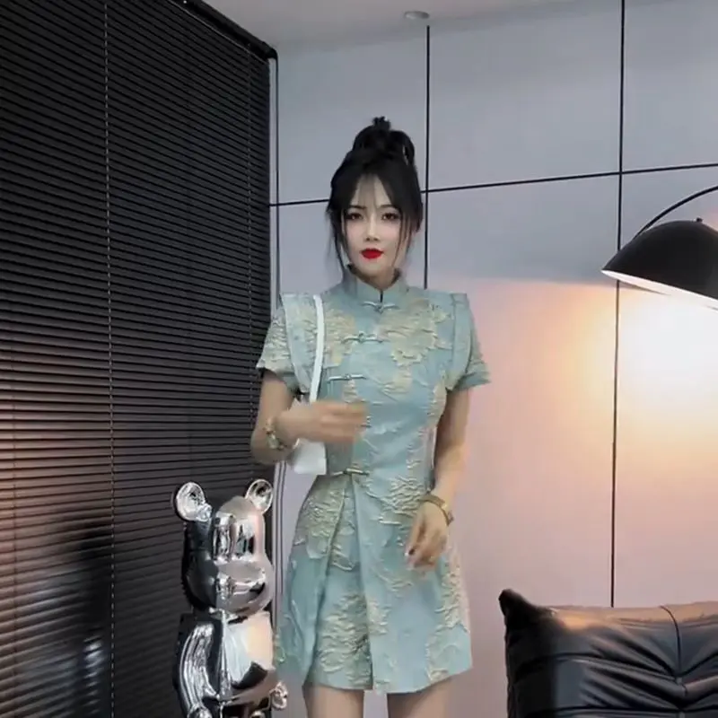 Elegant New Chinese Style National Style Suit Women's 2024 Cheongsam Summer New Style Buckle Fashion Tops Shorts Two-Piece Set for Women
