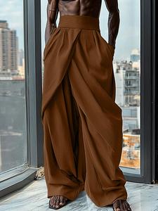 Men's Solid Color Crossed Design Shirring High Waist Pants, Loose Casual Comfy Trousers for Daily Outdoor Wear, Woven Bottoms for All Seasons