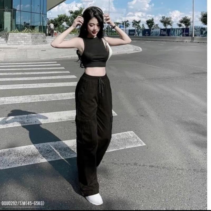 Quần kaki túi hộp ống rộng cạp chun dáng xuông dài có dây rút bo gấu co giãn màu hồng đen kem ghi đẹp Nữ Women