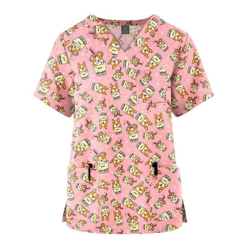 Product Introduction of Newest Fashion Unisex Nurse Doctor Uniform Workwear Scrub Top Cotton V-Neck Short Sleeves Pocket Printed T-Shirt (Size:S-XXL) 32