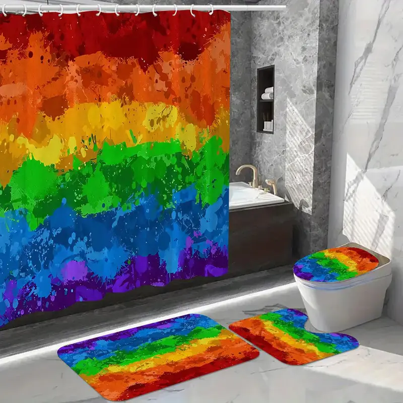 Rainbow Pattern Shower Curtain with 12 Hooks, 1 Count Colorful Bathroom Curtain and 1 Count U-shaped Mat & 1 Count Toilet Lid Cover, Bathroom Decor Supplies 5