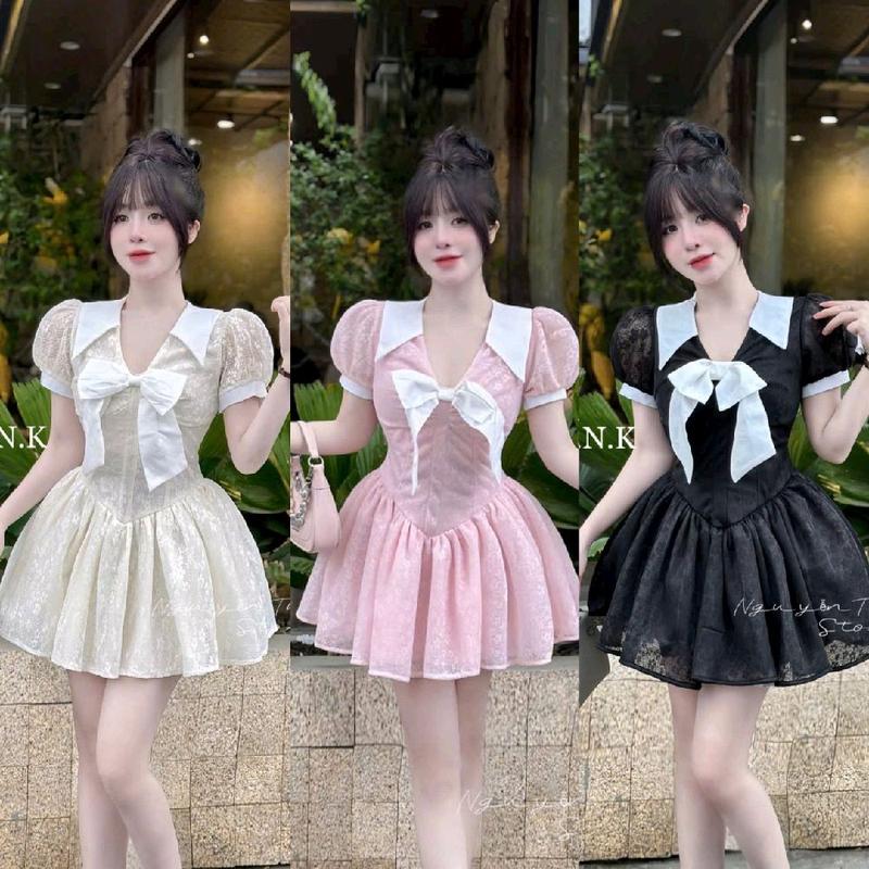 Đầm ren xoè tiểu thư tay phồng đính nơ ngực cho nàng đi chơi, đi tiệc Nữ váy bánh bèo tiểu thư