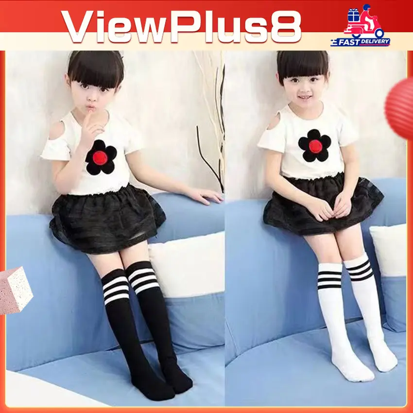 Kaos Kaki Anak Panjang Selutut Gaya Korea Motif Belang dengan Tiga Garis Bahan Katun Nyaman Cocok untuk Anak Perempuan dan Laki-Laki Usia SD dan TK