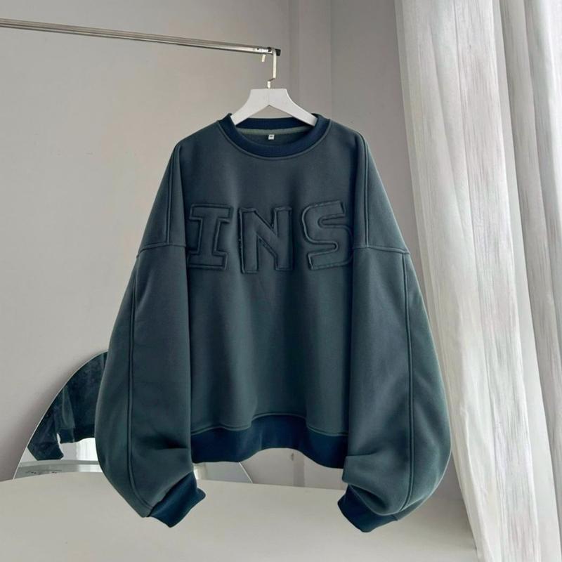 Ao sweater thêu chữ nổi INS nỉ bông , Áo hoodie vải nỉ lót bông dày dặn form rộng unisex 8