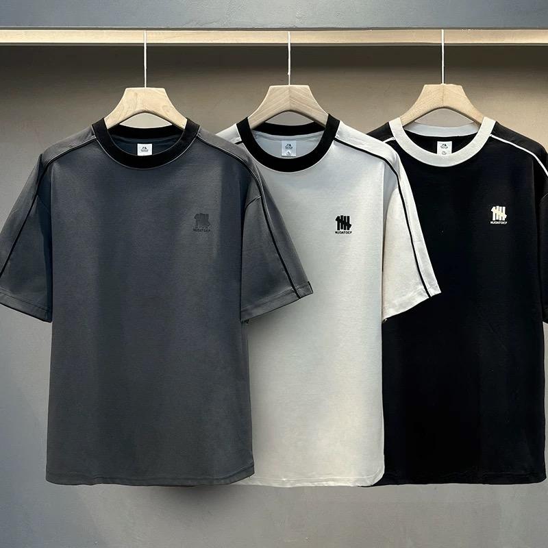 Áo Thun Nam Tay Ngắn Chất Liệu Cotton Viền Lé Tay Thêu Chữ Menswear Cổ Tròn Màu Đen