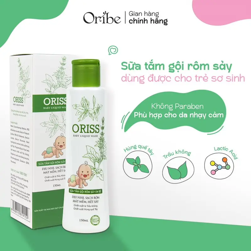 Sữa tắm gội rôm sảy Oriss chiết xuất trầu không dịu nhẹ không cay mắt dùng được cho trẻ sơ sinh - ORIBE, Chai 150ml Cho Bé 1