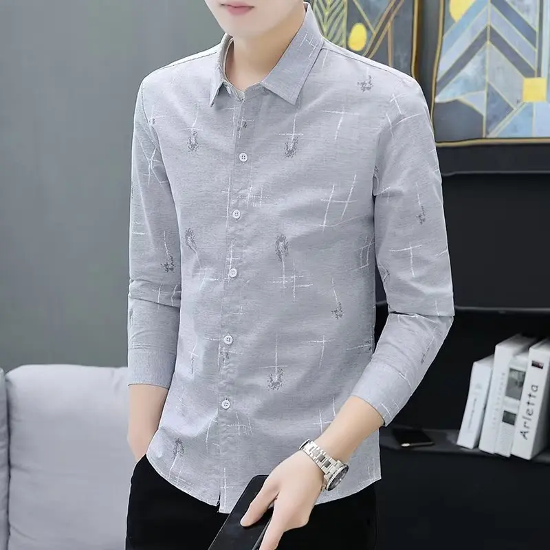 Áo Sơ Mi In Hình Linh Hoạt Cho Nam, Thường Ngày, Đẹp Trai, Dài Tay, Dáng Ôm, Phong Cách Hàn Quốc Cho Nam Tuổi Teen, Xu Hướng Inch, Mới