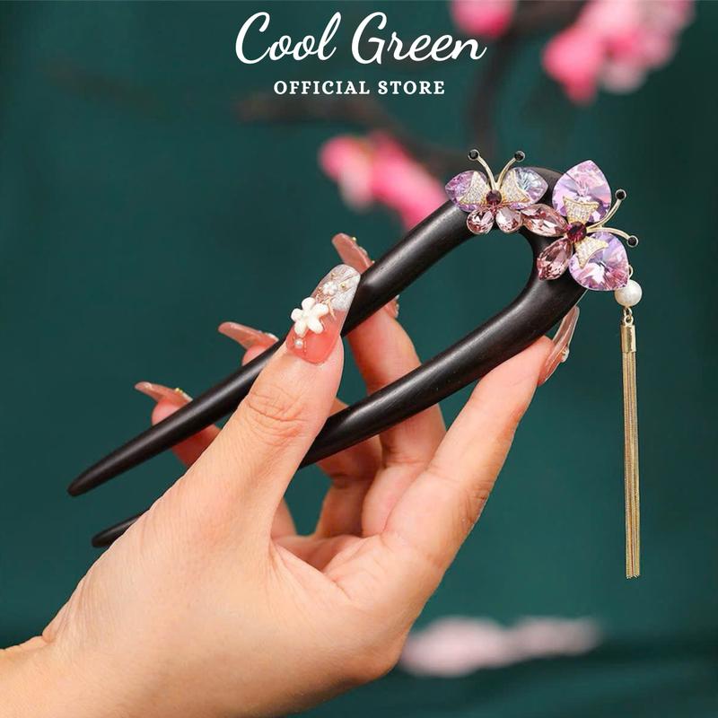 Tặng hộp Trâm cài tóc chữ U bằng gỗ đàn hương đen đính pha lê Hồ Điệp cao cấp phong cách cổ trang U09