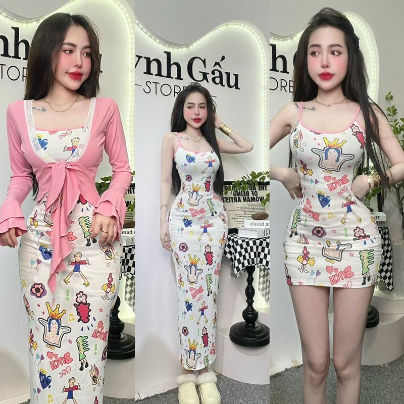 Đầm hai dây hoạ tiết dáng dài dáng ngắn chất liệu tăm lạnh đi chơi đi dạo