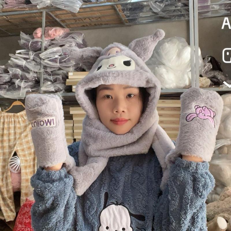 Mũ lông kuromi,melody,cinamorol chùm đầu 3in1 có khăn quàng cổ,găng tay dày dặn mềm mịn cho người lớn và trẻ em Voi 5