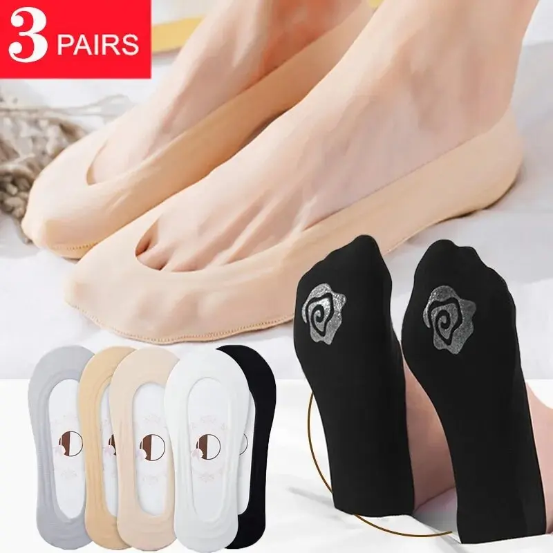3Pairs Women Girls Summer Thin Sock Silicone Antiskid Ice Silk Sox Seamless Invisible Boat Stockings Ballet Socks