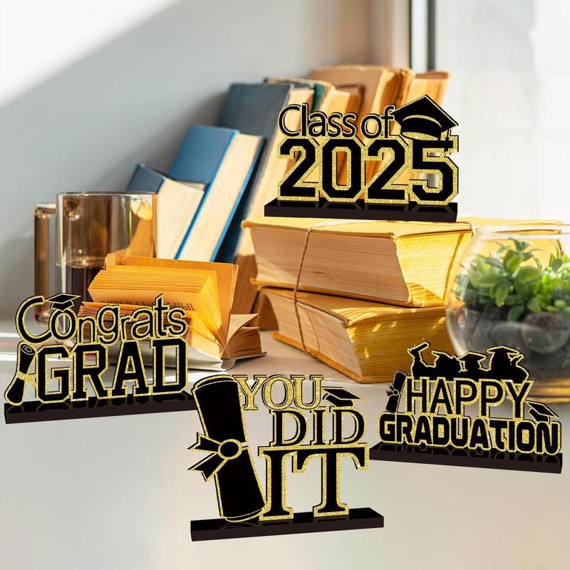 Graduation Themed Wooden Table Centerpiece, 4 Counts/set Class Of 2025 Congrats Grad Letter Pattern Ornament, Graduation Decorations for Home Party School 7