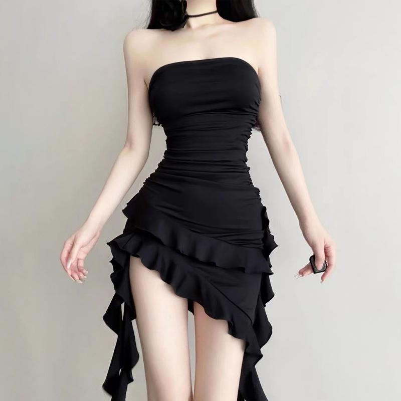 Product Introduction of Sexy Irregular Strapless Black Dress Women Summer Backless Ruffles Dresses 14