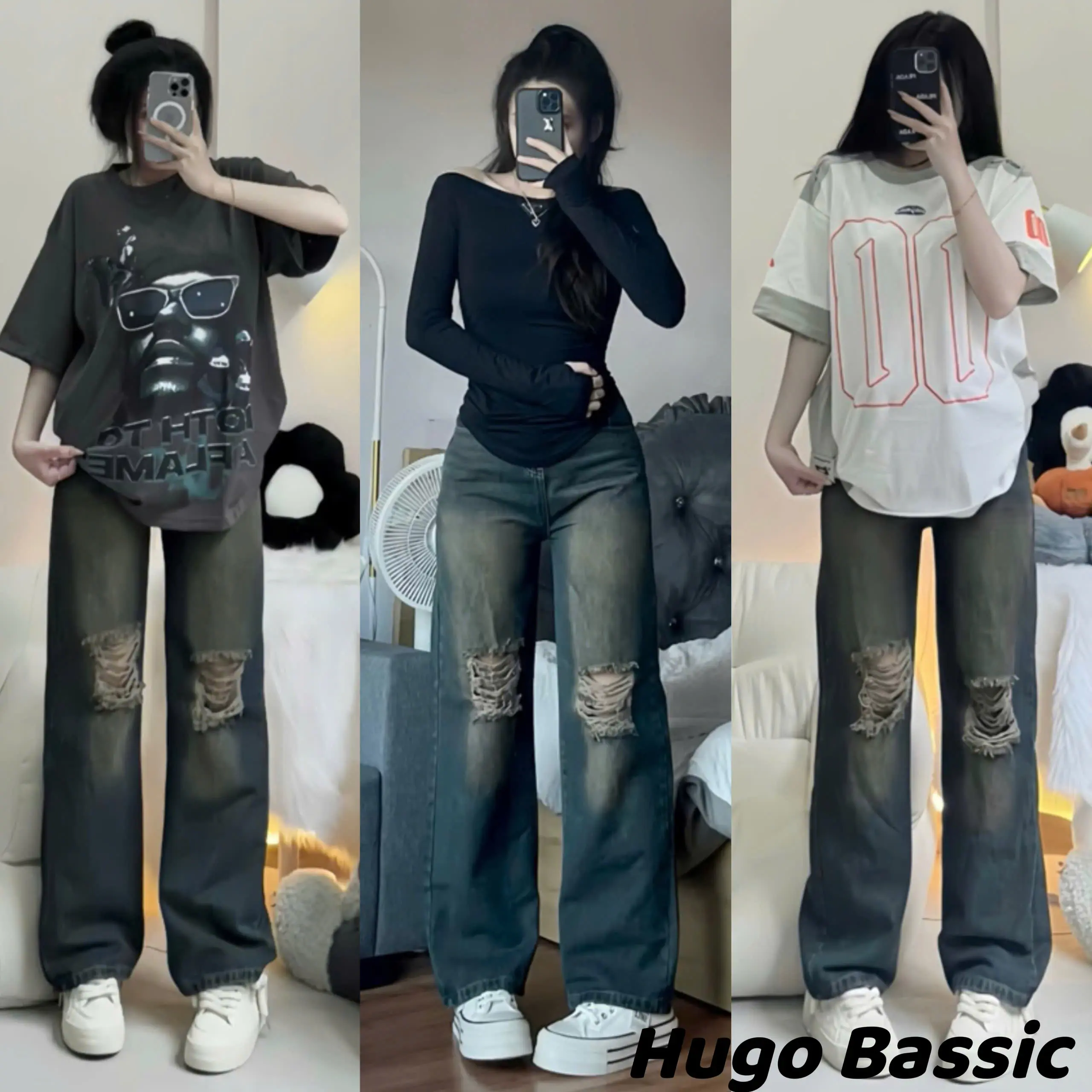 Quần Jean Rách Gối ống suông nữ hot trend 2024 Nữ Pants Quần Ong