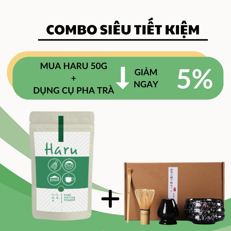 COMBO bột Matcha Haru 50g + Bộ pha trà bằng sứ đen. Vị không Chua