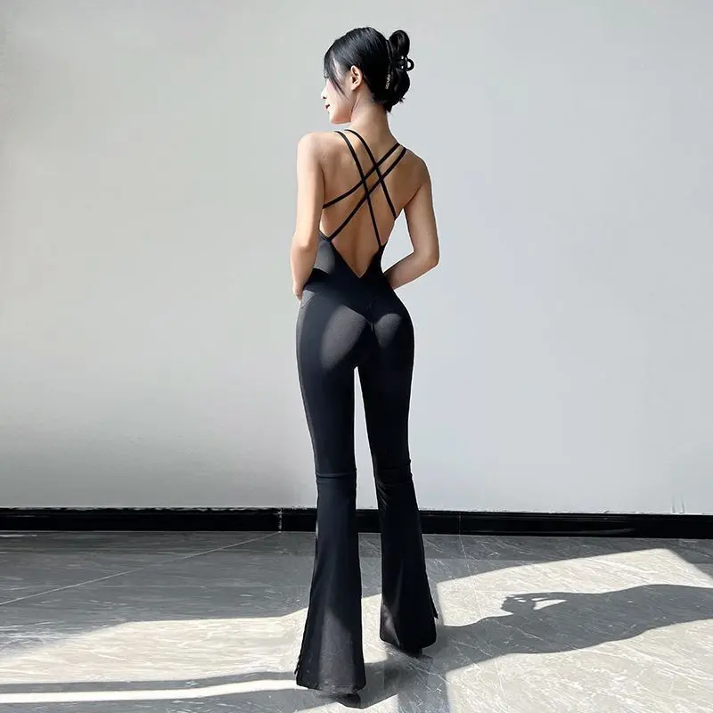 2025 Elegant Body Leotards with Chest Pad Beauty Back Yoga Bodysuit Suspender Trousers Bell-Bottom Pants One-Piece Suit yoga pants