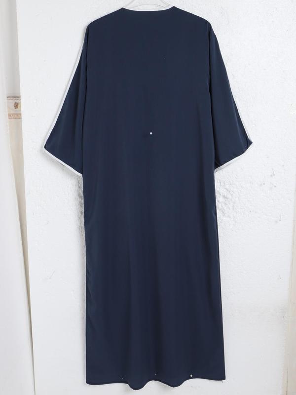 Men's Contrast Binding Embroidering Notched Neck Kaftan, Summer Clothes, Modest Three Quarter Length Sleeve Abaya, Summer Outfits 2024, Islamic Thobe Clothing, Mens Clothing 1