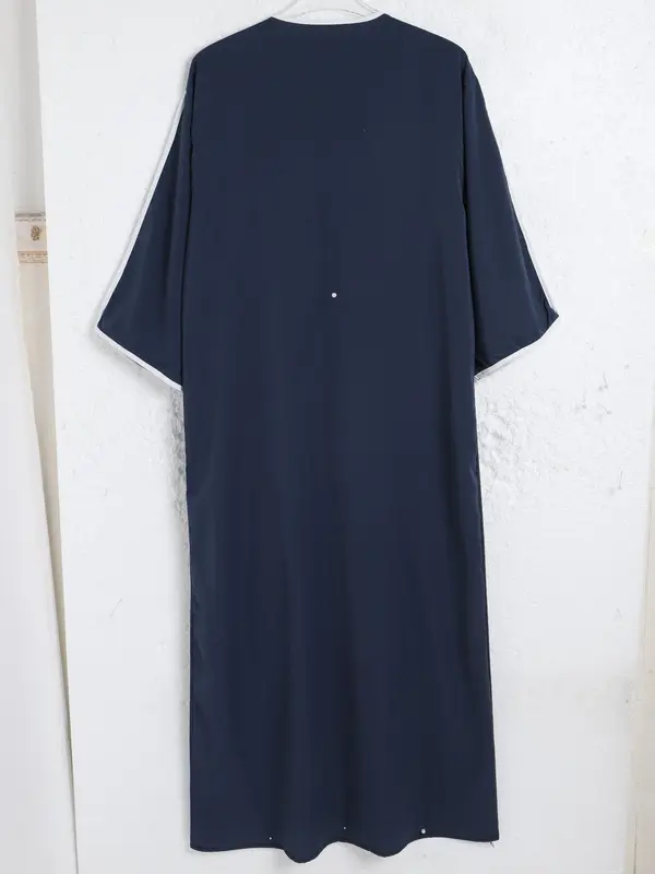 Men's Contrast Binding Embroidering Notched Neck Kaftan, Summer Clothes, Modest Three Quarter Length Sleeve Abaya, Summer Outfits 2024, Islamic Thobe Clothing, Mens Clothing 1
