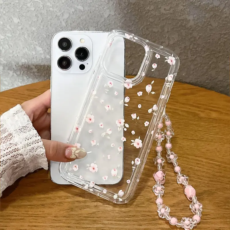 Cherry Blossom Pattern Phone Case with Lanyard, Decorative Phone Protector Cover, Phone Accessories Compatible with iPhone Samsung 3