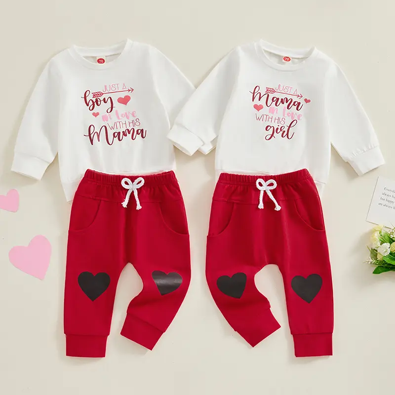 Baby 2 Piece Outfit Letter Print Long Sleeve Sweatshirt and Heart Print Elastic Pants Set for Newborn Fall Clothes,Cute,Comfortable,High-quality,Fashion,Daily Wear,0-24 Months,2-3 Years