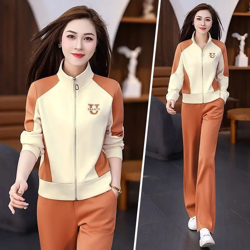2024 Sports Suit Women's Spring and Autumn 2024 New Fashionable Stylish Color Contrast Patchwork Running Suit Casual Sweatshirt Two-Piece Set