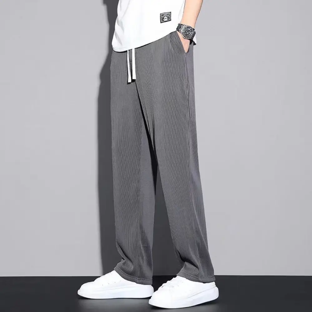 M-8XL Plain Pants Men Summer Thin Ice Silk Straight Leg Long Pants Casual Plus Size Sweatpants