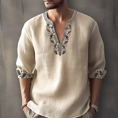 Men's Ethnic Shirt Linen Shirt Long Sleeve Fashion Streetwear Designer Outdoor Daily Going out Spring & Summer Stand Collar Print Yellow Light Green Pink Red Navy Blue