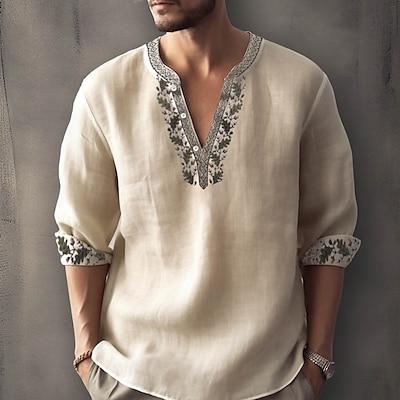 Product Introduction of Men's Ethnic Shirt Linen Shirt Long Sleeve Fashion Streetwear Designer Outdoor Daily Going out Spring & Summer Stand Collar Print Yellow Light Green Pink Red Navy Blue 2