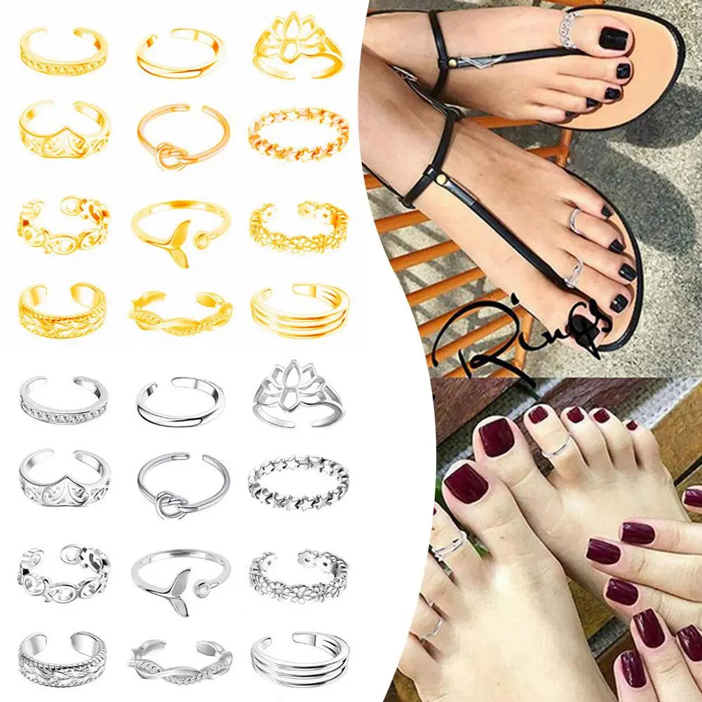 12Pcs/Set Open Adjustable Foot Ring Set Women Finger Rings Foot Ring Summer Beach Ring Accessories For Women Gift