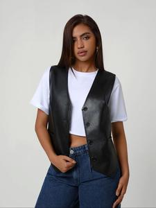 Women's Solid Color Button Front PU Leather Vest, Casual Fashion Comfy Sleeveless Outerwear for Daily Wear, Ladies Clothes for Spring & Fall