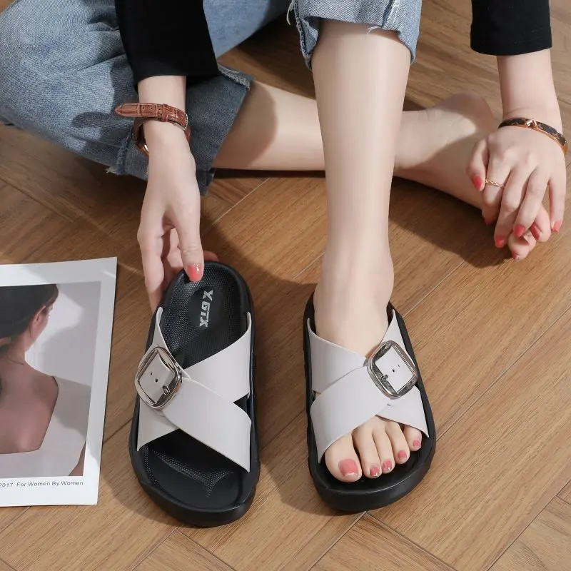 Criss cross Strap Adjustable Buckled Thick Bottom Korean Slider Slippers Footwear Walking Shoes Women Girl Women Girl