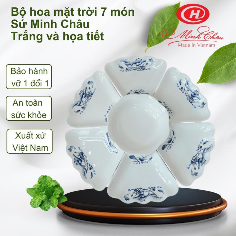 Sứ Minh Châu - Bộ bát/chén đĩa hoa mặt trời 7 món - Trắng trơn và họa tiết hoa văn hoa sen