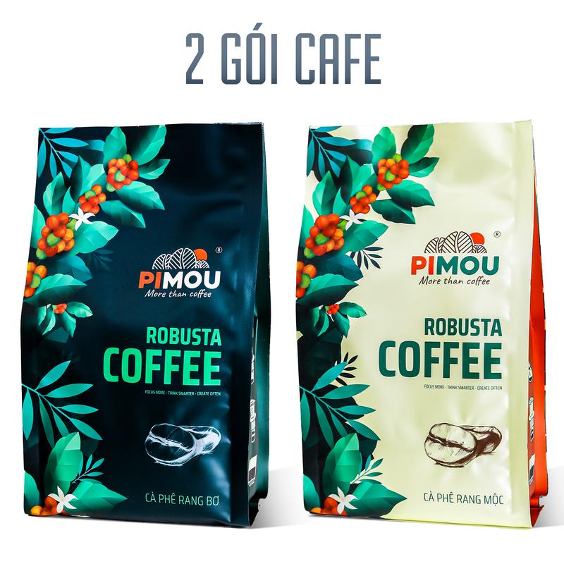 [2 Gói] Cà phê Robusta nguyên chất từ nông dân rang Mộc và rang Bơ công thức riêng thơm béo mặn nhẹ đặc trưng, Medium Roast - Hãng Pimou khối lượng tịnh 920gr, cafe sữa, cafe đen, coffee, cafe nguyên hạt