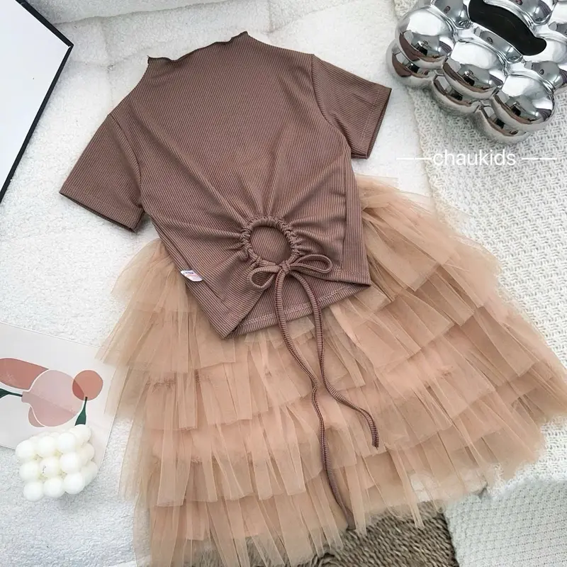 ÁO LEN TĂM KHOÉT LƯNG BUỘC DÂY KÈM CHÂN VÁY TẦNG CÔNG CHÚA (VNT) set đồ  bé gái 2