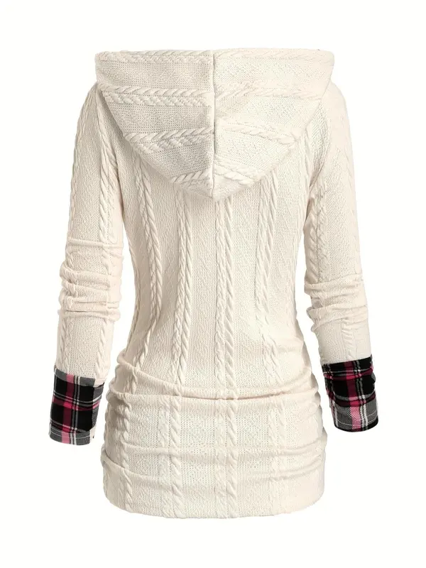 Women's Plaid Print 2 In 1 Ruched Fake Buttons Hoodie, Casual Textured Long Sleeve Hooded Sweatshirt for Fall & Winter, Women's Clothing for Daily Wear 1