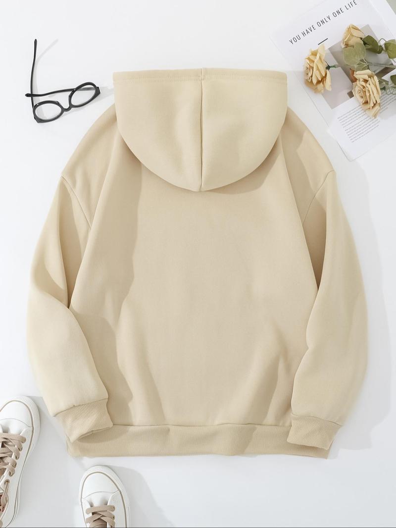 Product Introduction of Plus Size Cartoon Cow & Letter Print Drop Shoulder Hoodie, Fashion Casual Drawstring Pocket Hooded Sweatshirt for Daily Holiday Outdoor Wear, Women Plus Clothing for Fall & Winter 8