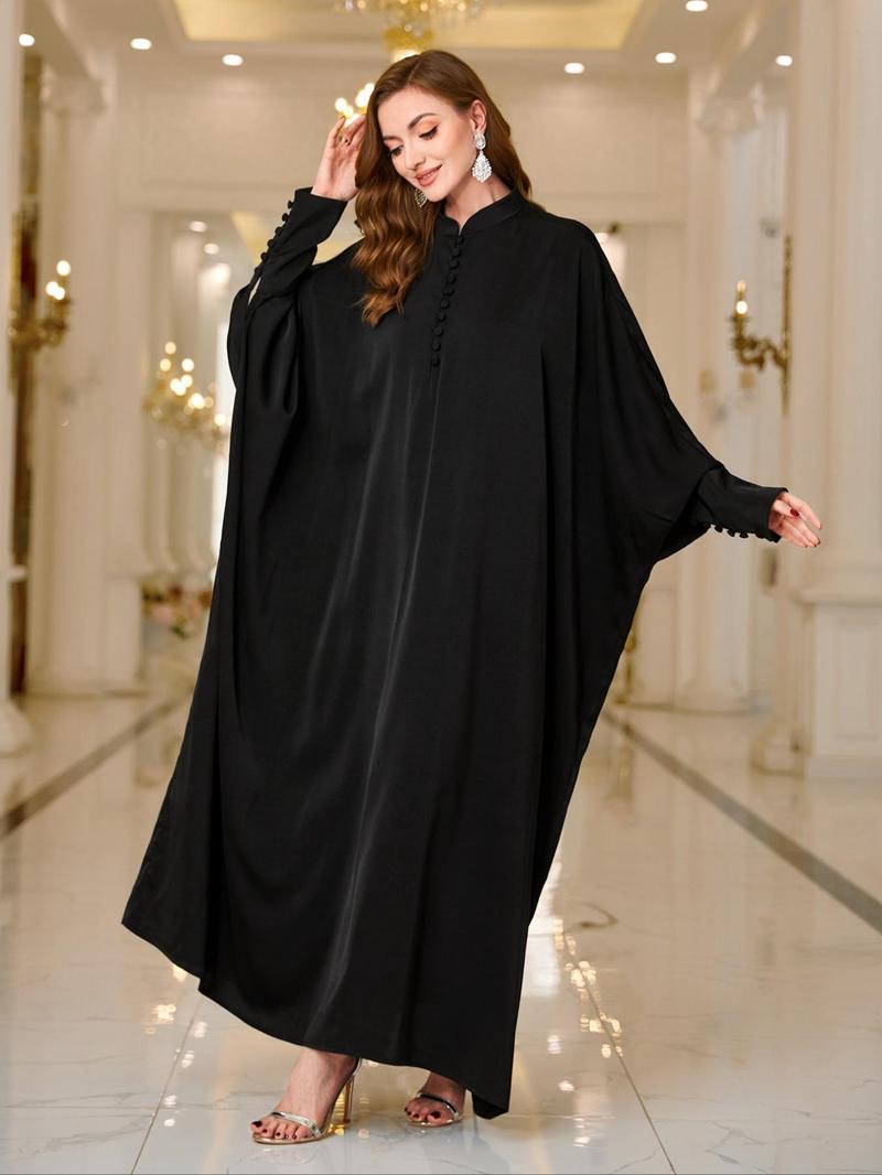 Product Introduction of Women's Solid Button Front Batwing Sleeve Abaya Dress, Elegant Button Decor Cuff Long Sleeve Stand Collar Maxi Muslim Dress for Party Holiday Wedding Guest, Ladies Fall & Winter Clothes 3