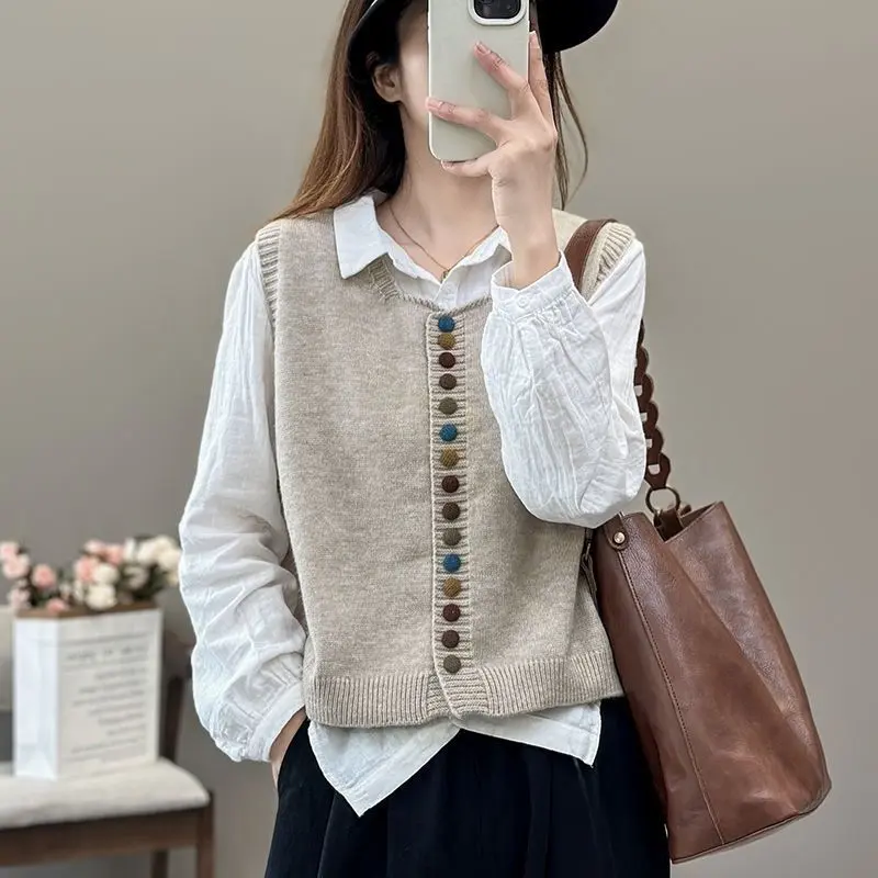 Áo Vest Không Tay Khóa Màu, Dệt Kim, Cổ Tròn, Dáng Rộng Vừa Vặn, Hàng Mới Về Mùa Thu, Áo Len, Dành Cho Nữ, Phong Cách 202 400, Phù Hợp Top Women 0