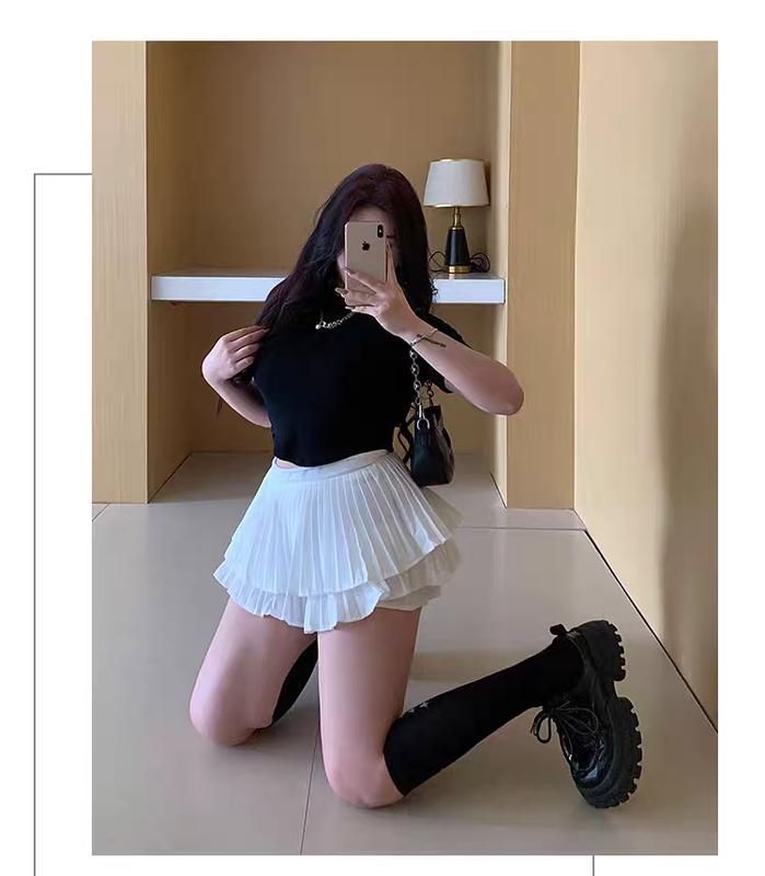 Chân váy 2 tầng xếp ly bigsize(55kg đến 95kg)chân váy dập ly cho người mập mã cvdl Nữ Voan Voi Women Thun Trắng