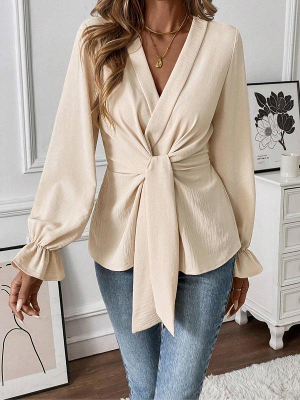 Women's Plain Open Front Blouse, Elegant Flounce Sleeve Tie Front Top for Work Office Business, Ladies Clothes for Fall & Winter 2