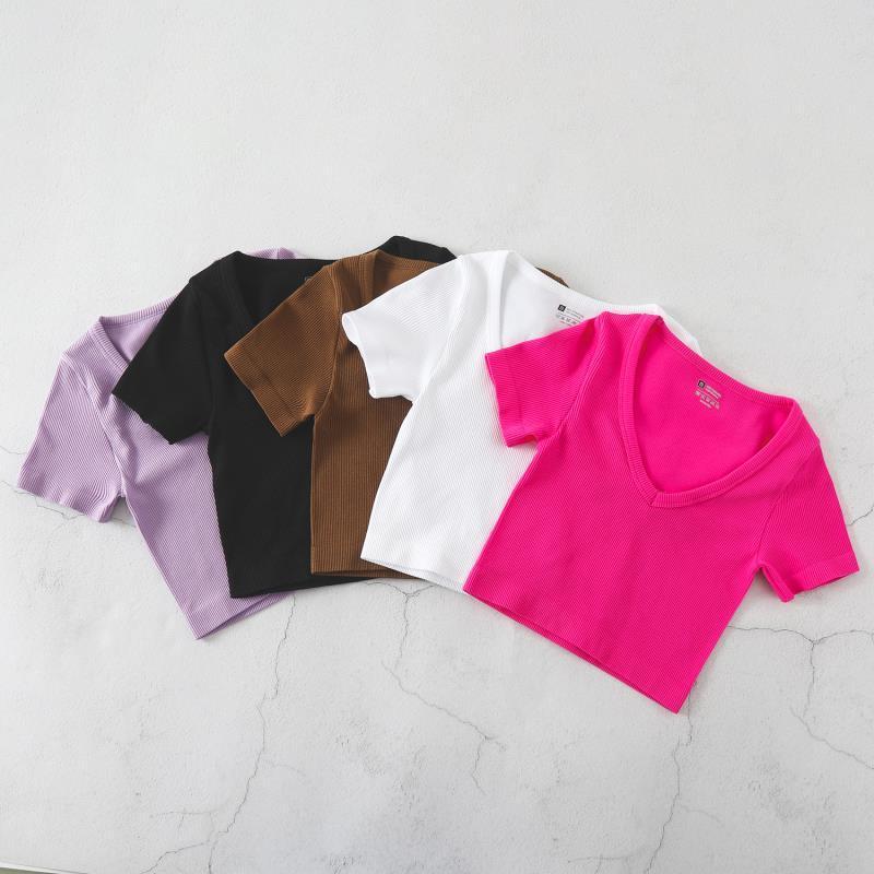 Product Introduction of European and American Yoga Wear Sexy Stretch Yoga Seamless Sports Top Short Sleeve V-Neck Slim Fit Solid Color Ribbed T-Shirt 11