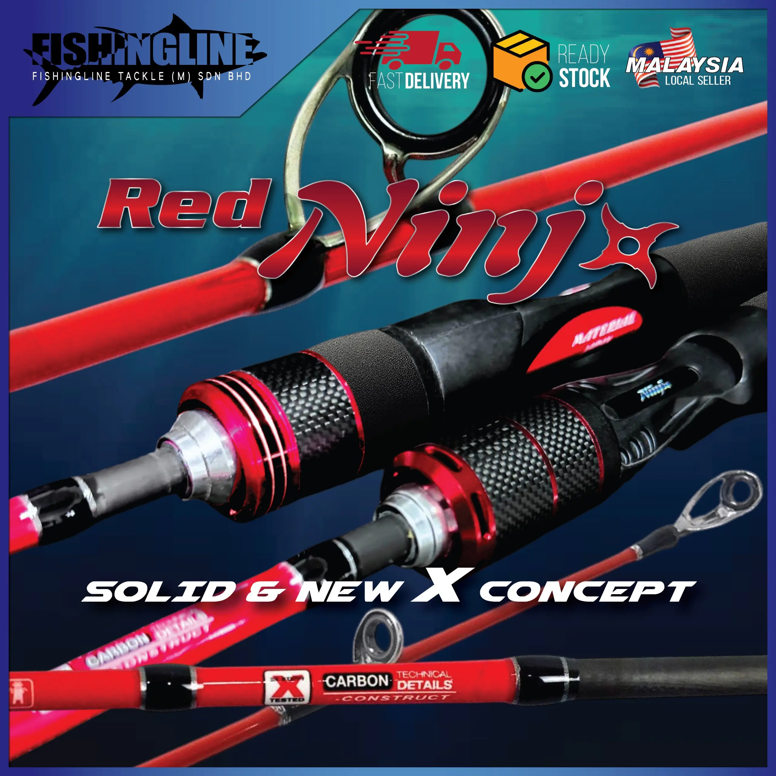 RED NINJA NJR622 Solid & New X Concept Spinning/Baitcasting Fishing Rod ...